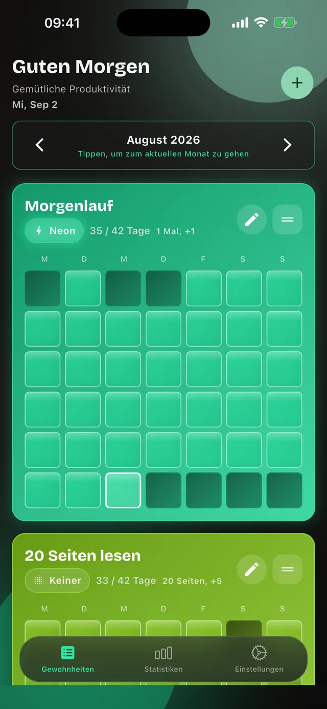 Habit Tracker für iPhone: Liste der Gewohnheiten, jede mit eigenem Serien-Raster für den ganzen Monat. Die Gewohnheit „Morgenlauf“ steht bei 35 von 42 Tagen.