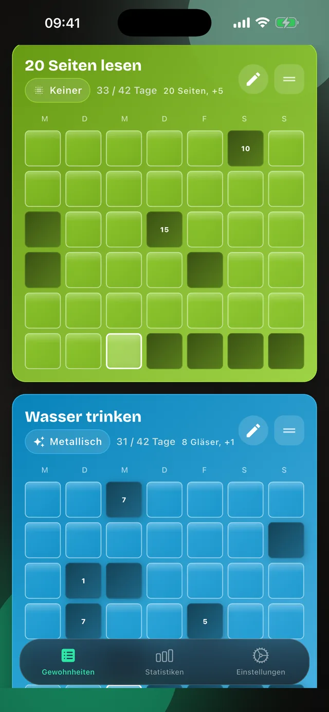 Zwei Gewohnheiten als farbige Karten mit eigenem Serien-Raster: „20 Seiten lesen“ und „Wasser trinken“, jeweils mit Ziel und Schrittweite.