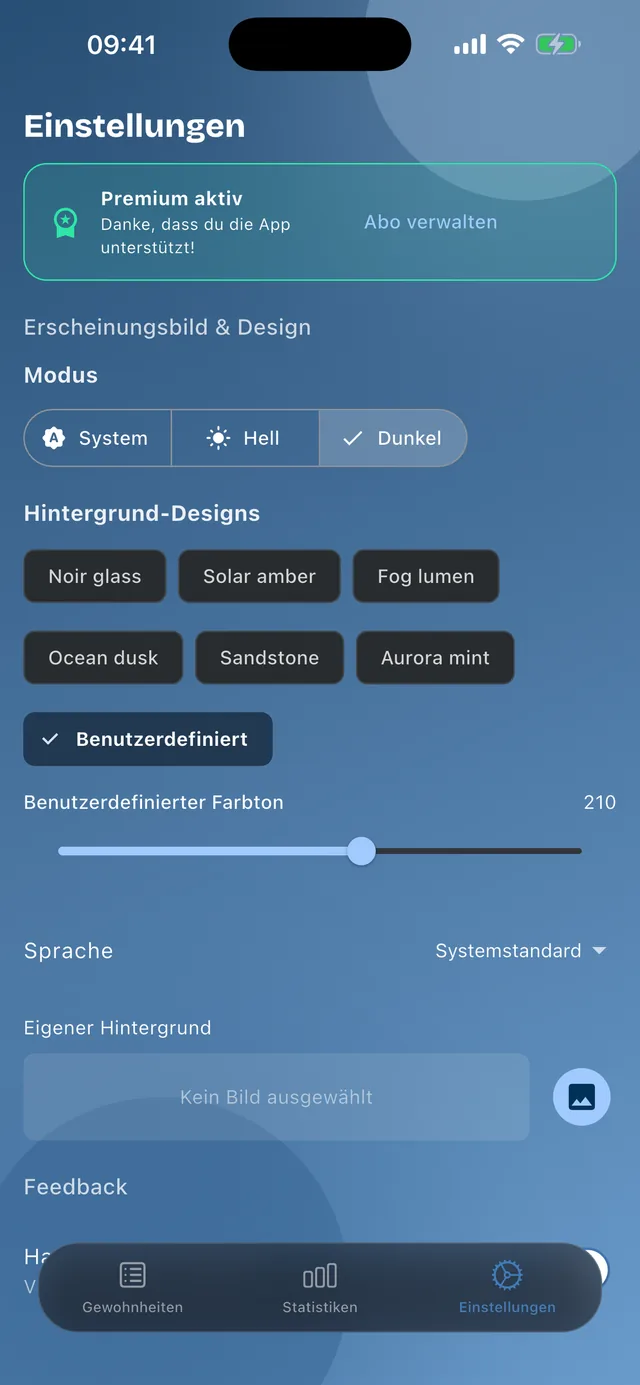 Themes im Habit Tracker: sechs Hintergrund-Designs und ein benutzerdefinierter Farbton, der sich über einen Regler einstellen lässt.