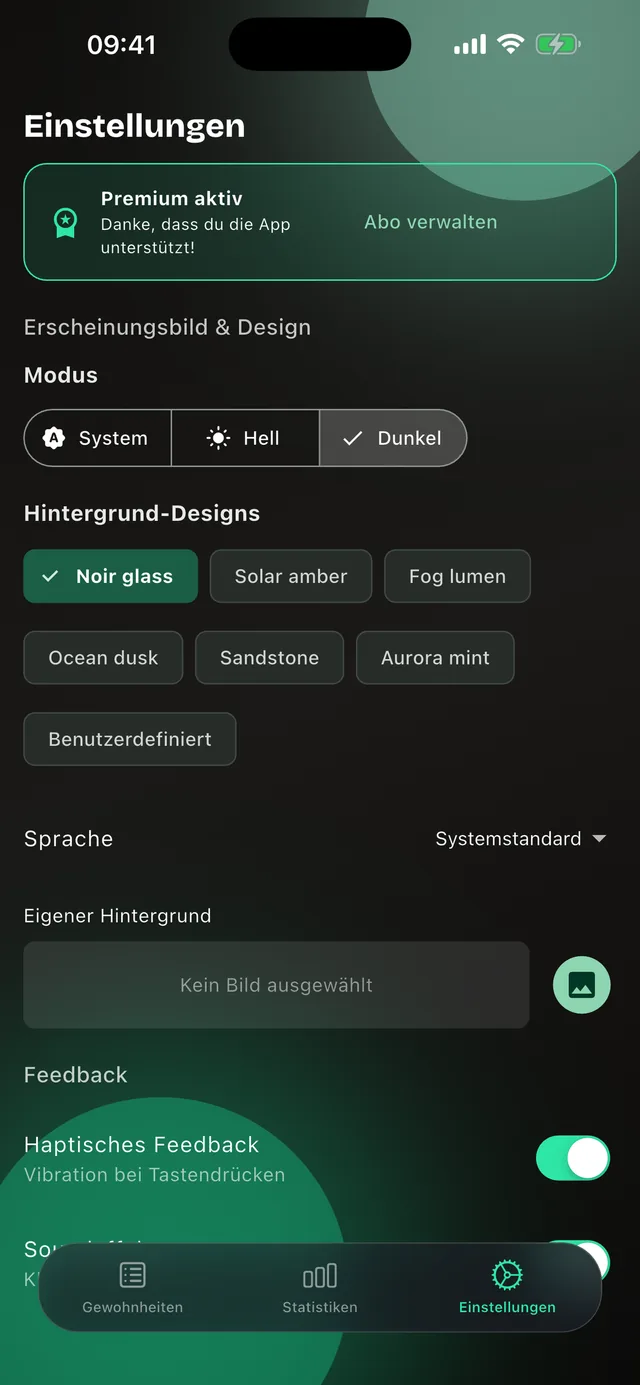 Einstellungen der Gewohnheiten-App mit aktivem Premium: Modus, Hintergrund-Designs, Sprache, eigenes Hintergrundbild und haptisches Feedback.