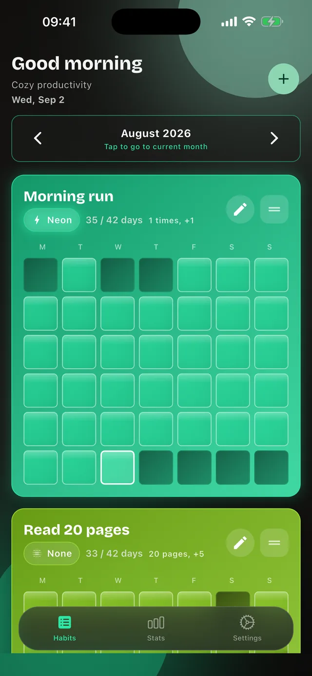 Habit tracker for iPhone: the list of habits, each with its own habit grid for the whole month. The habit “Morning run” sits at 35 of 42 days.