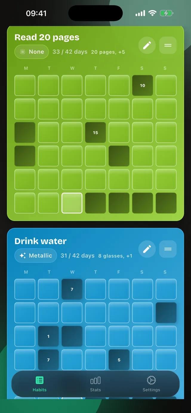 Two habits as coloured cards, each with its own streak grid: “Read 20 pages” and “Drink water”, both with a daily goal and a step size.