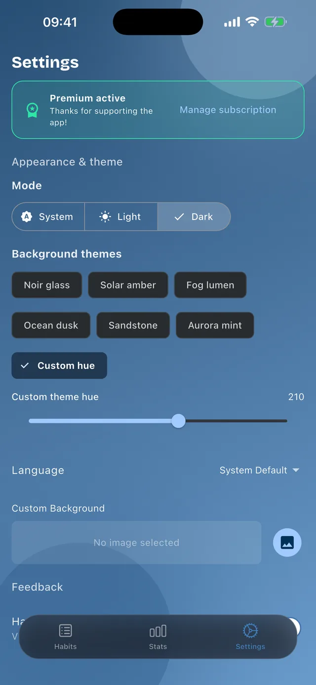 Themes in the habit tracker: six background designs plus a custom hue that you set with a slider.