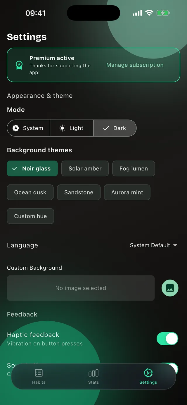 Settings of the habit app with Premium active: mode, background designs, language, your own background image and haptic feedback.